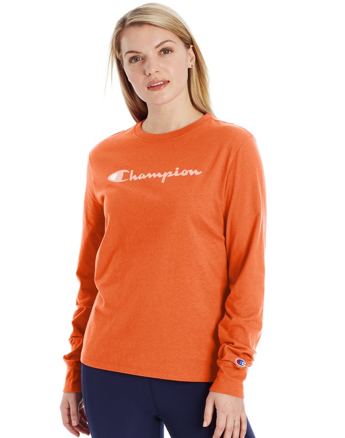 Champion Classic Long-Sleeve Script Logo Kadın Tişört Turuncu ( KGMNYO316 )